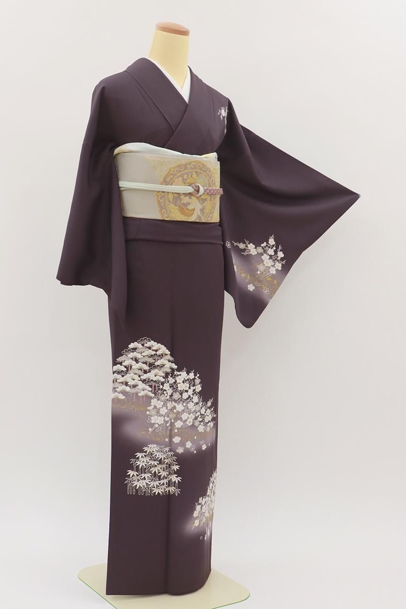 銀座【B-3989】刺繍 訪問着 黒紫色 松竹梅の図 :身丈157/裄65 - 銀座