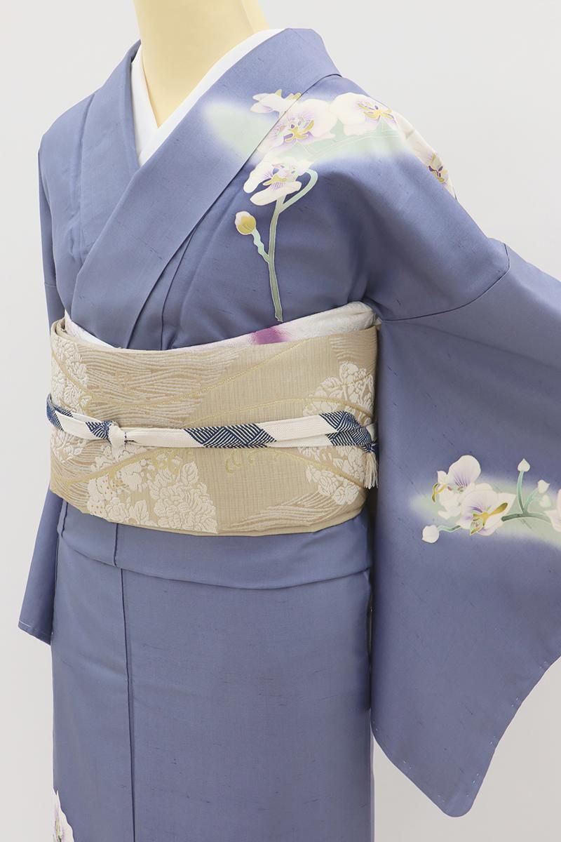 あおき【B-4006】白山紬地 訪問着 暗い青藤色 蘭の図（落款入・証紙付