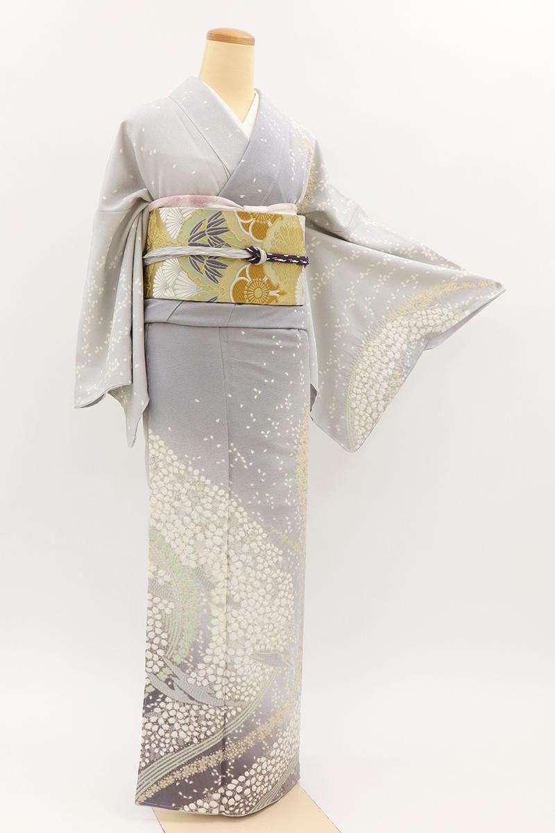 銀座【B-4012】十日町滝泰製 絞り染め 訪問着 銀鼠色 桜の花弁の図