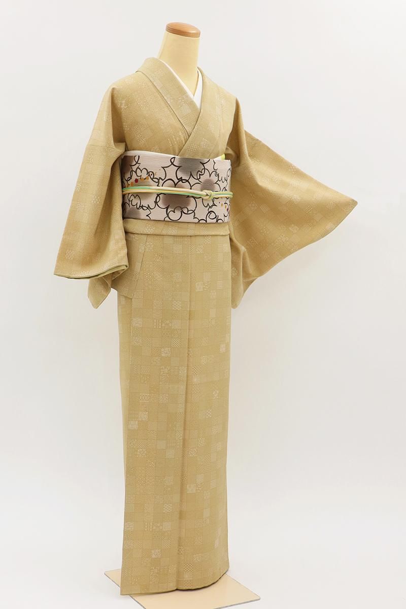 銀座【C-3089】染の北川製 江戸小紋 淡い深支色 市松に小紋柄寄せ（反