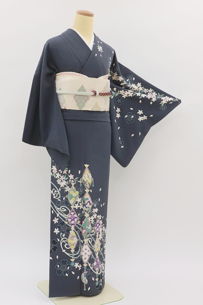 銀座【B-4016】染一ッ紋 本加賀友禅 橋本静華作 訪問着 紺鼠色 四季花