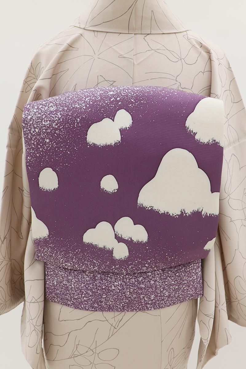 銀座【H-0333】塩瀬地 開き染名古屋帯 中紫色 蝋叩きに抽象文（落款入