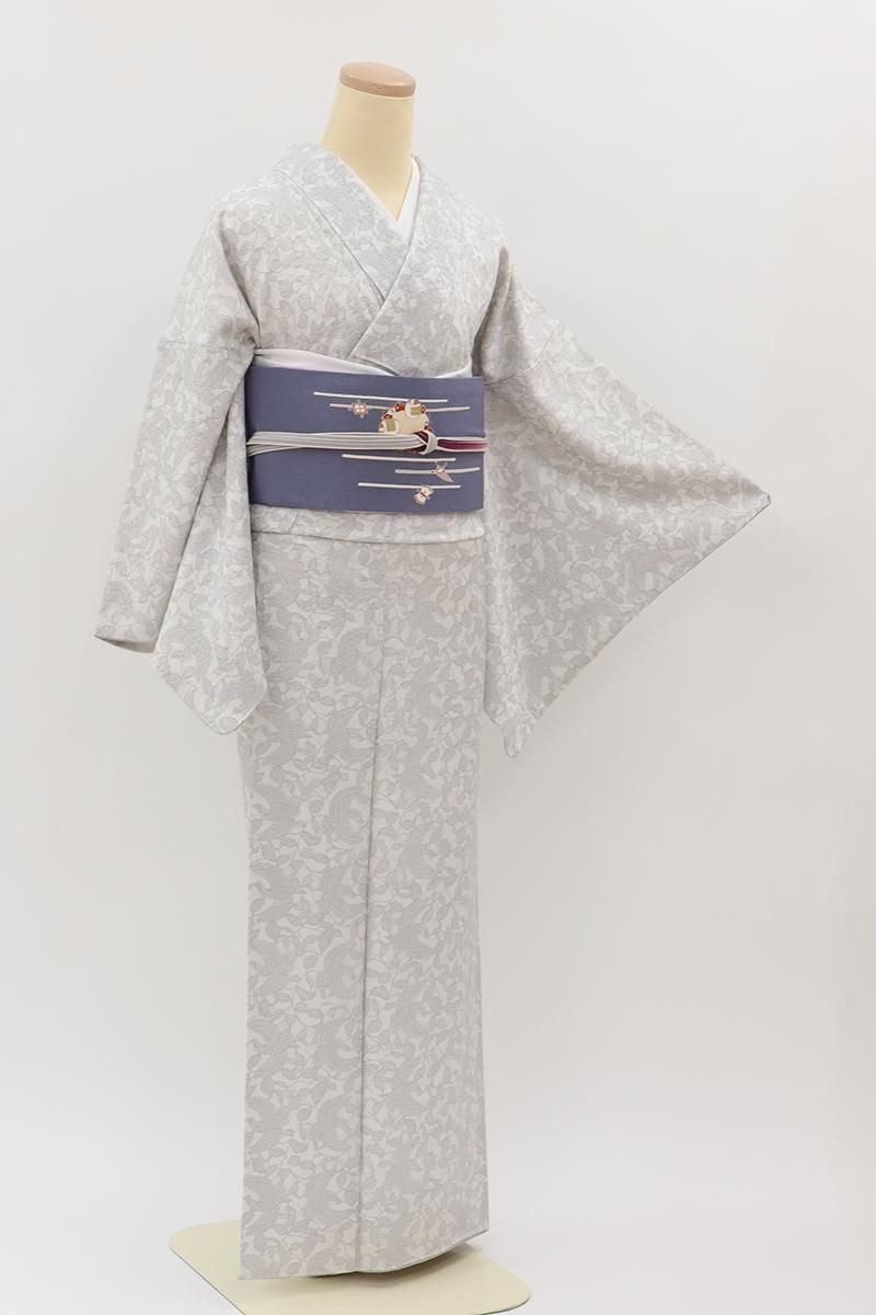 銀座【D-3725】東京染小紋 岩下江美佳作 小紋 白色 植物に鳥の図（落款