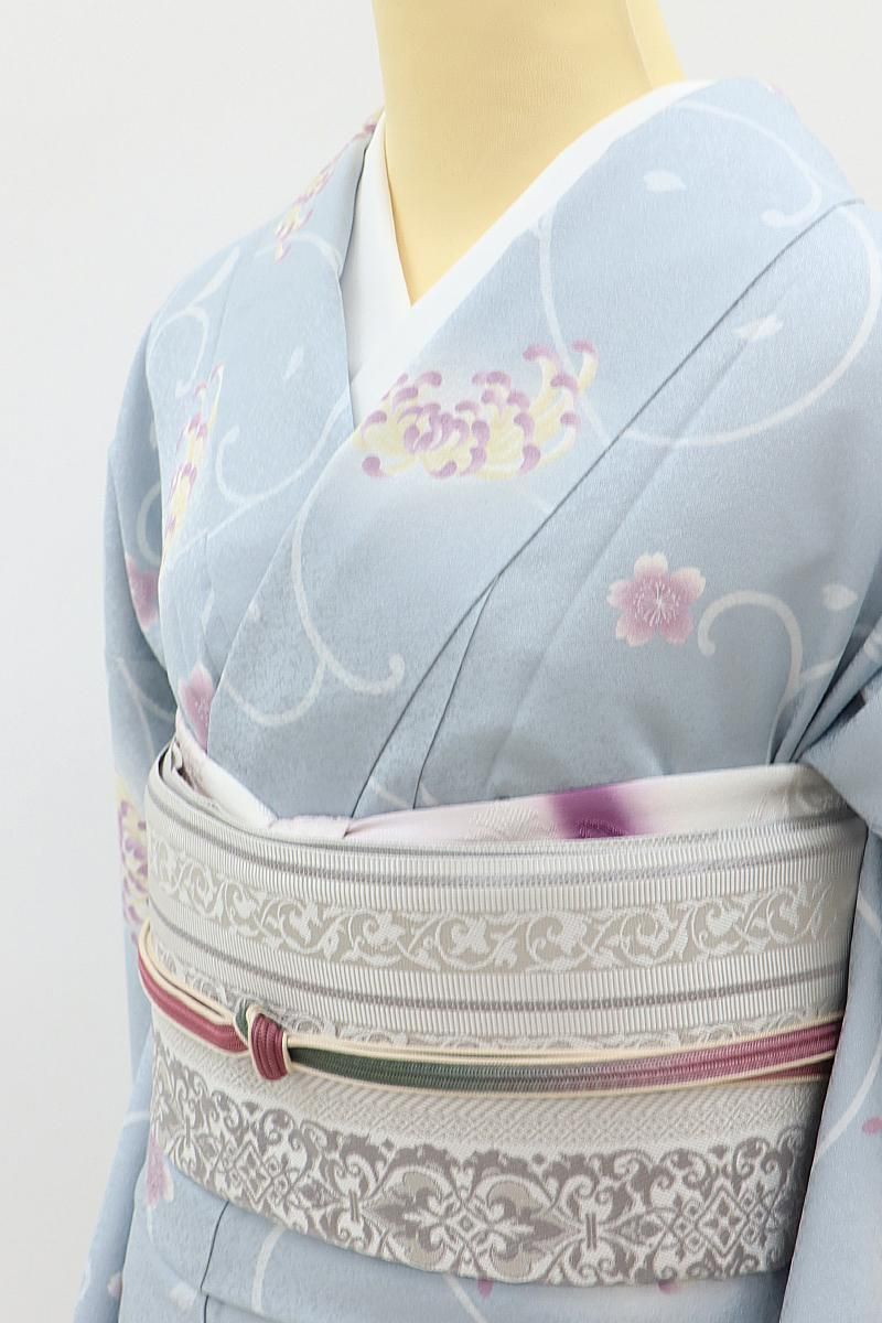銀座【D-3731】小紋 淡い灰青色 唐草に桜や菊 :身丈159/裄66 - 銀座