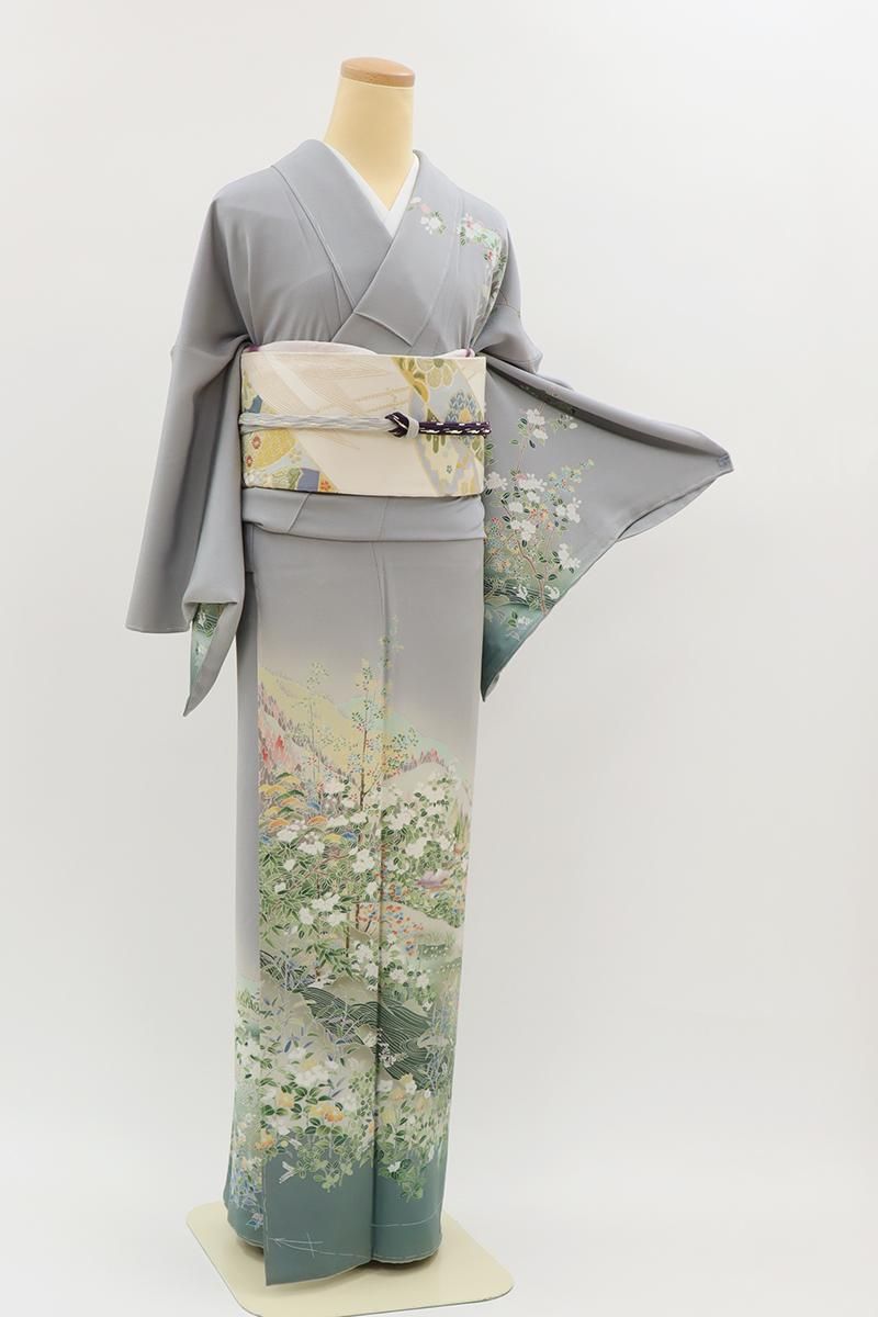 銀座【B-4072】友禅作家 仲野雅峰作 訪問着 淡い鳩羽鼠色 風景文（落款