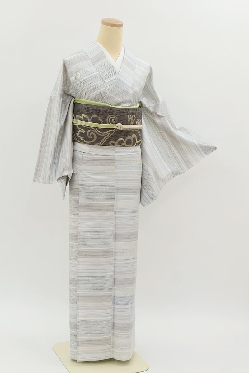 銀座【A-4074】単衣 本場縞大島紬 白色 横縞（証紙付）:身丈160.5/裄
