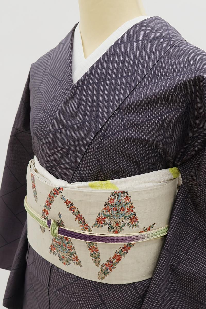 銀座【H-0440】大浦紫山作 紬地 染名古屋帯 乳白色 装飾更紗文（落款入