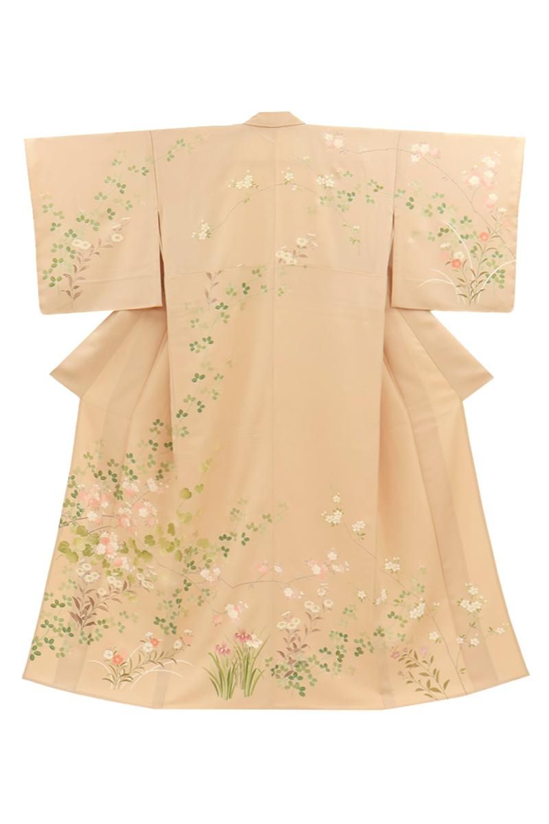 銀座【B-4106】単衣 訪問着 赤白橡色 四季花文（反端付）（N）:身丈160