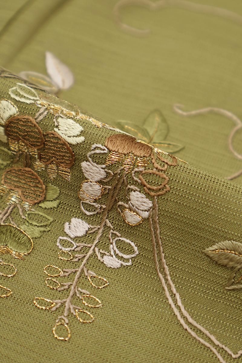 銀座【B-4117】変わり絽 蘇州刺繍 付下げ 鶸茶色 藤の図（反端付