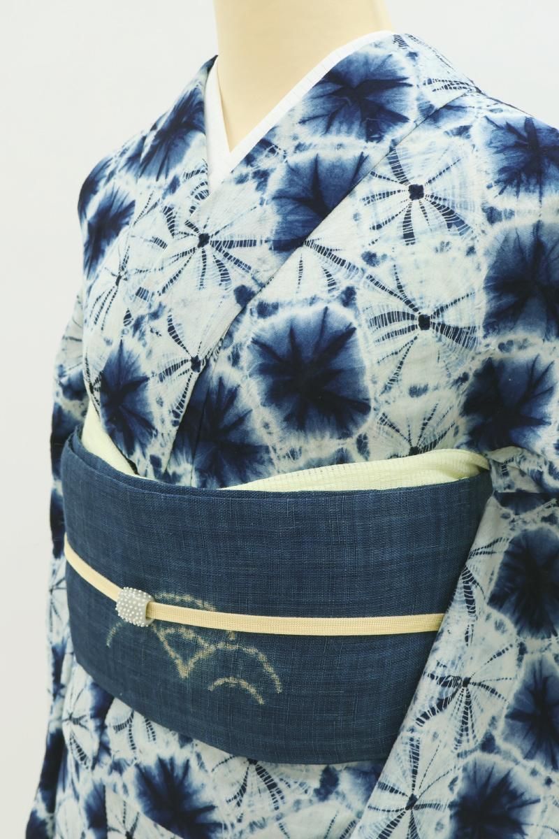 銀座【H-0493】麻地 染名古屋帯 濃縹色 波千鳥文 - 銀座きもの青木