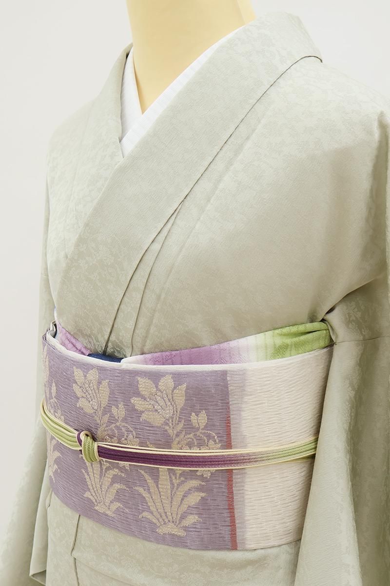 銀座【H-0517】夏 織名古屋帯 白色 横段に名物裂文 - 銀座きもの青木