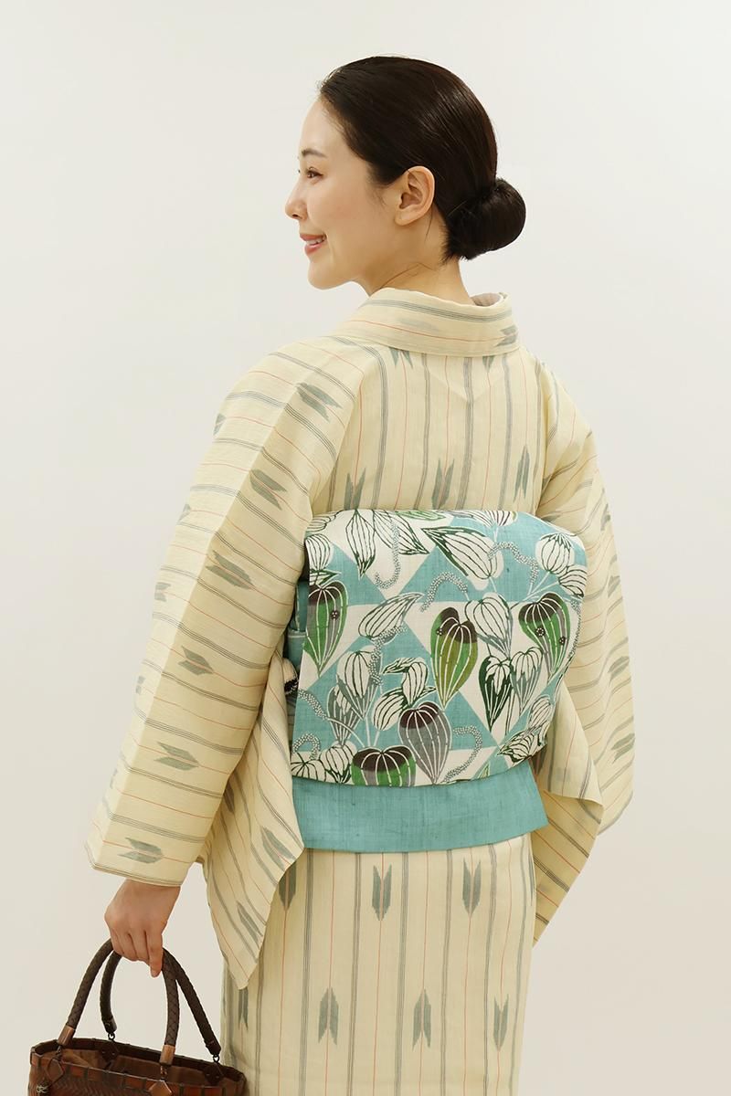 銀座【H-0512】栗山工房製 麻地 型染 名古屋帯 薄浅葱色×白色 菱取