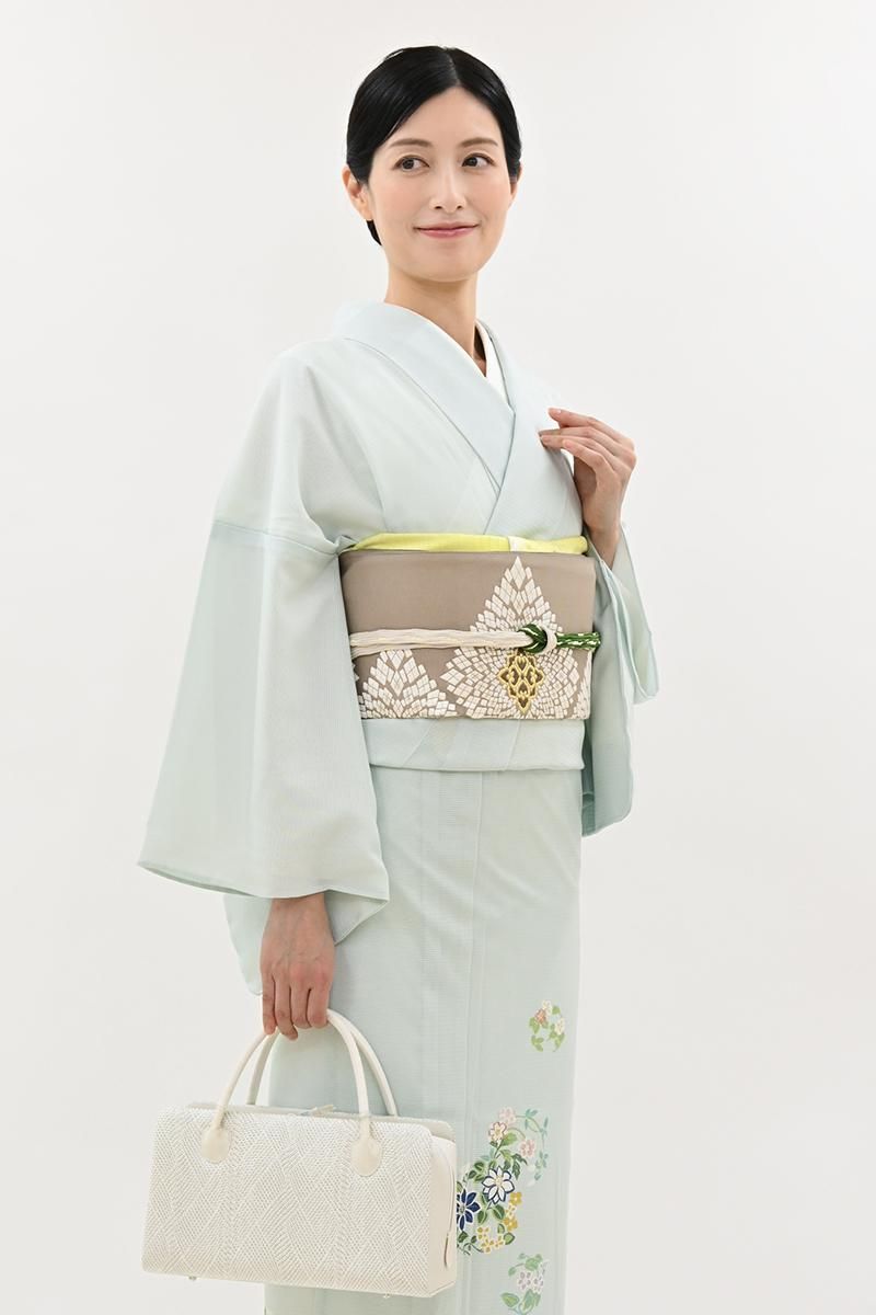 銀座【L-8269】西陣 河合康幸製 夏 袋帯 白茶色 菱文（落款入） - 銀座