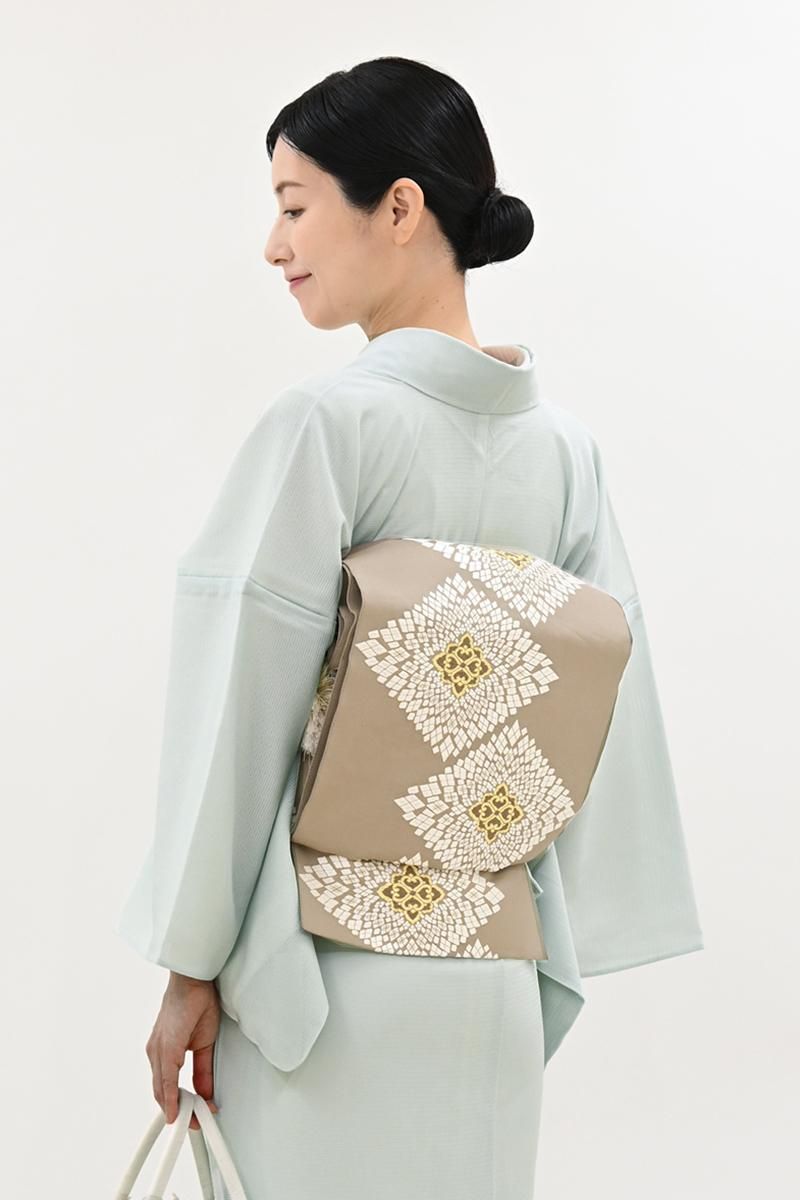 銀座【L-8269】西陣 河合康幸製 夏 袋帯 白茶色 菱文（落款入） - 銀座