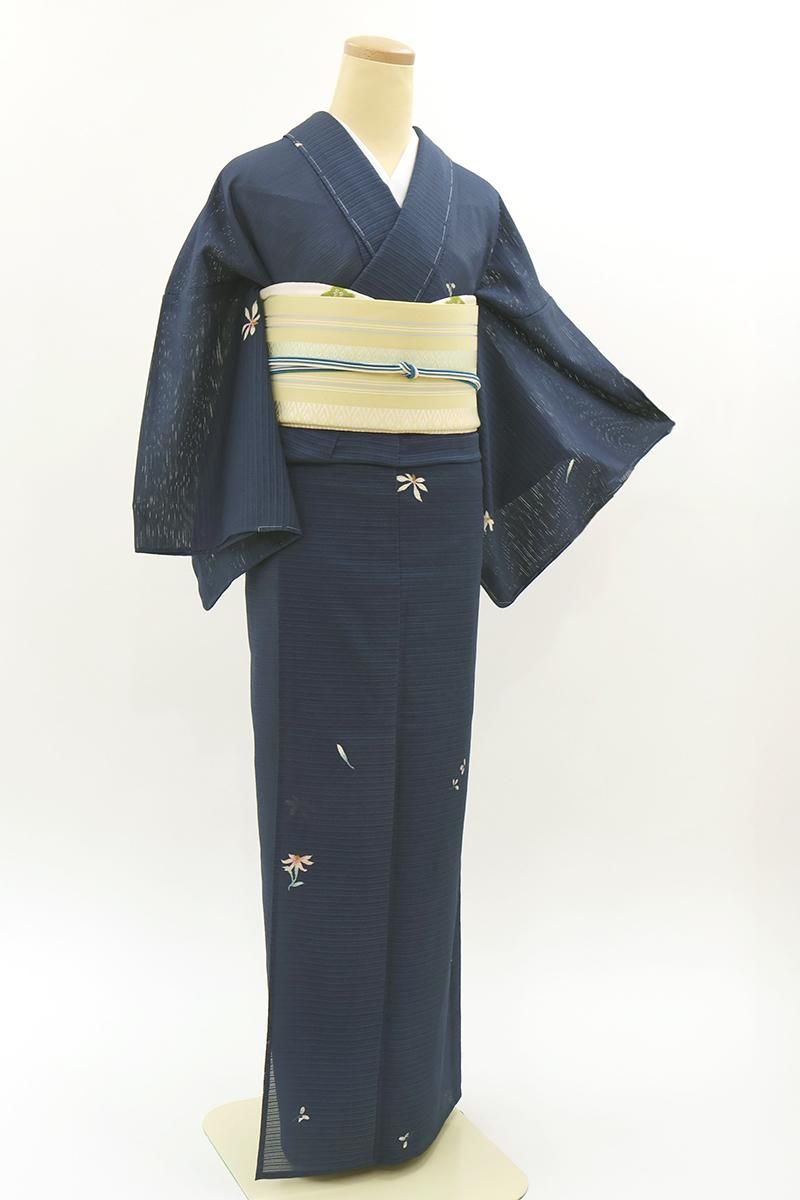 あおき【D-3840】変わり絽 小紋 濃藍色 花の図 :身丈162.5/裄67 - 銀座