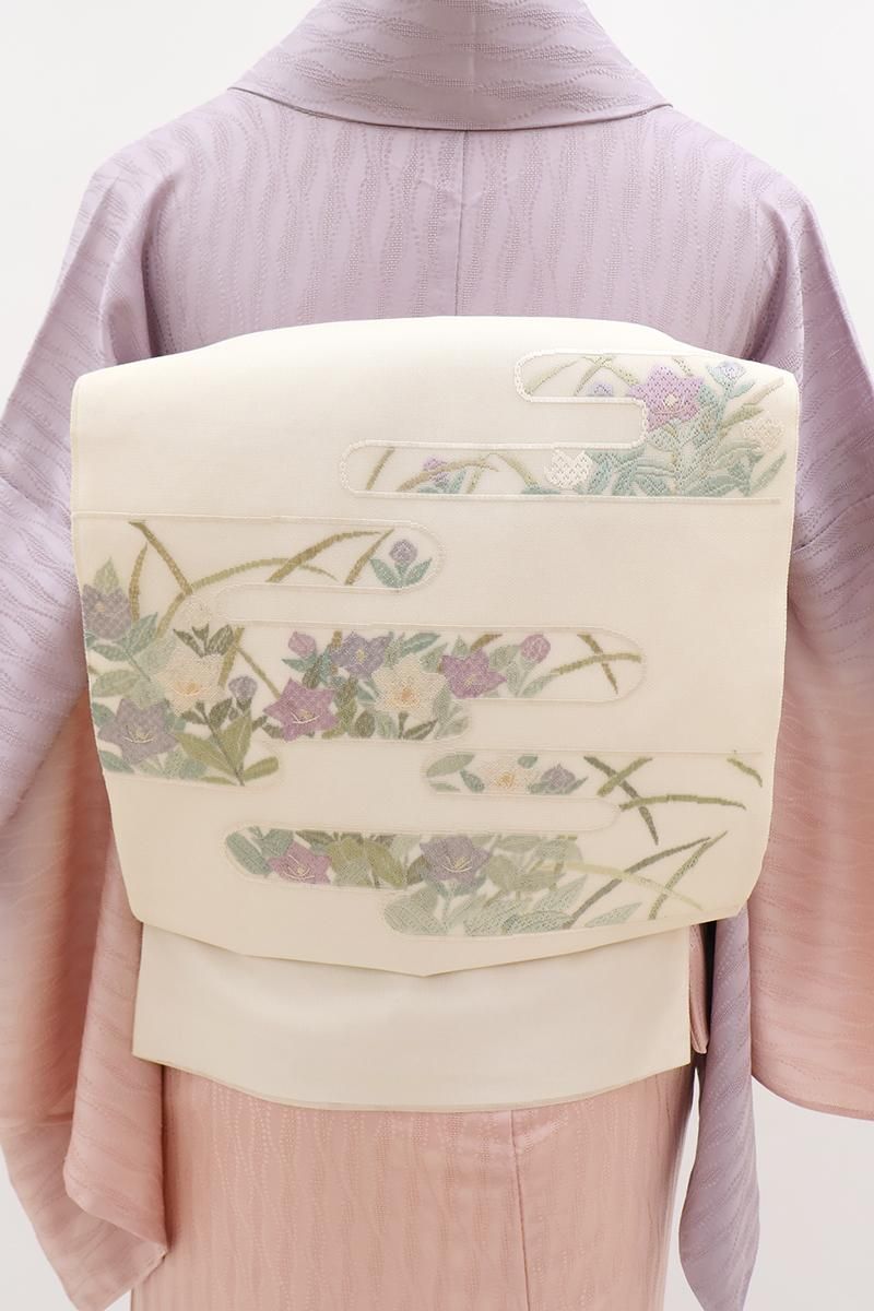 あおき【L-8323】紗刺し 袋帯 乳白色 霞に桔梗の図 - 銀座きもの青木