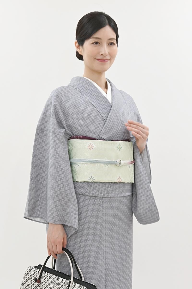 銀座【L-8319】西陣 洛陽織物製 絽 袋帯 淡い青白橡色 花菱文（落款入