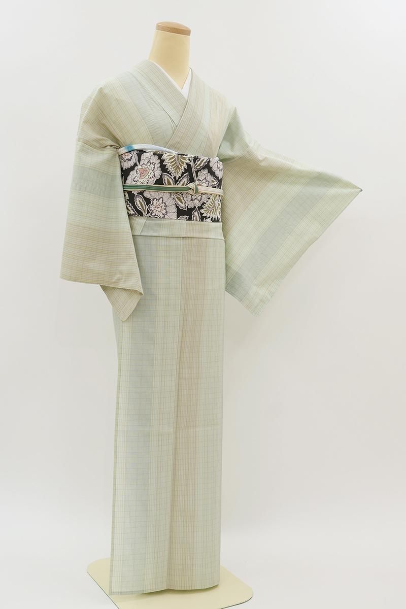 銀座【A-4151】夏 本場縞大島紬 白緑色 格子文（証紙付） :身丈161.5