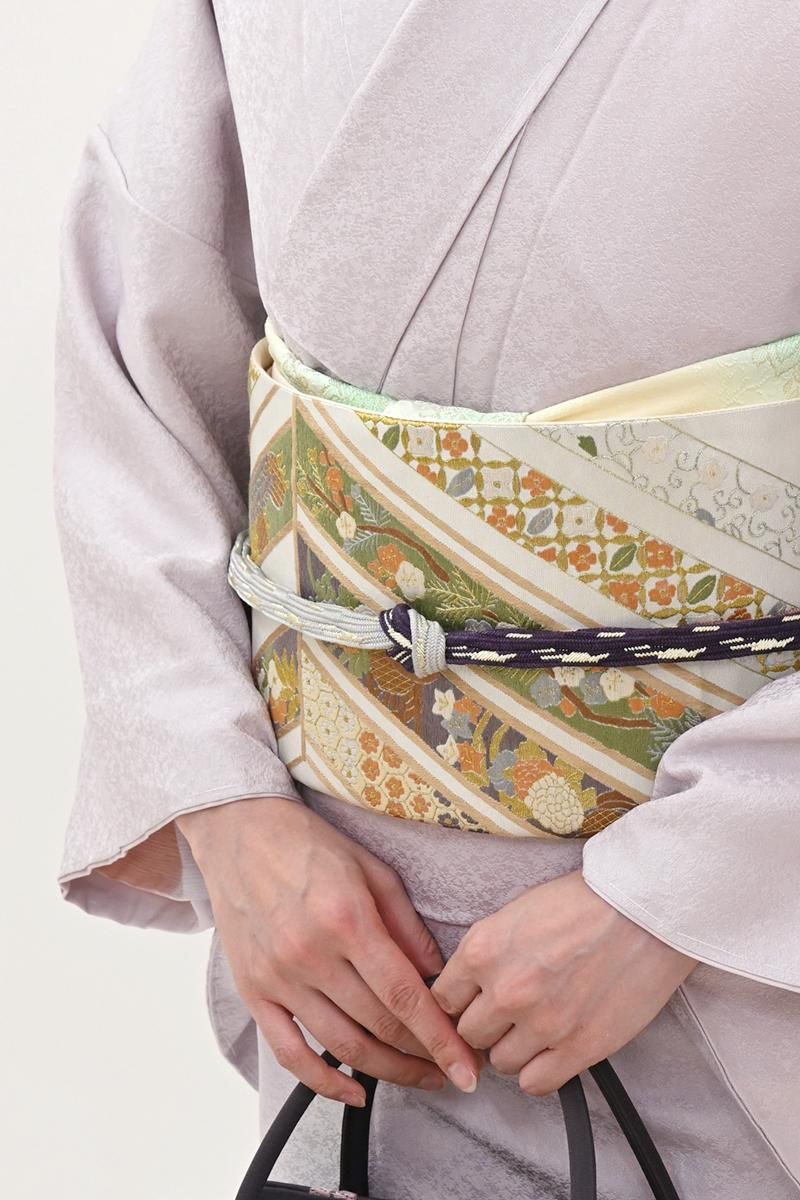 銀座【L-8380】刺繍 袋帯 銀色 幾何文に花の図 - 銀座きもの青木｜長く