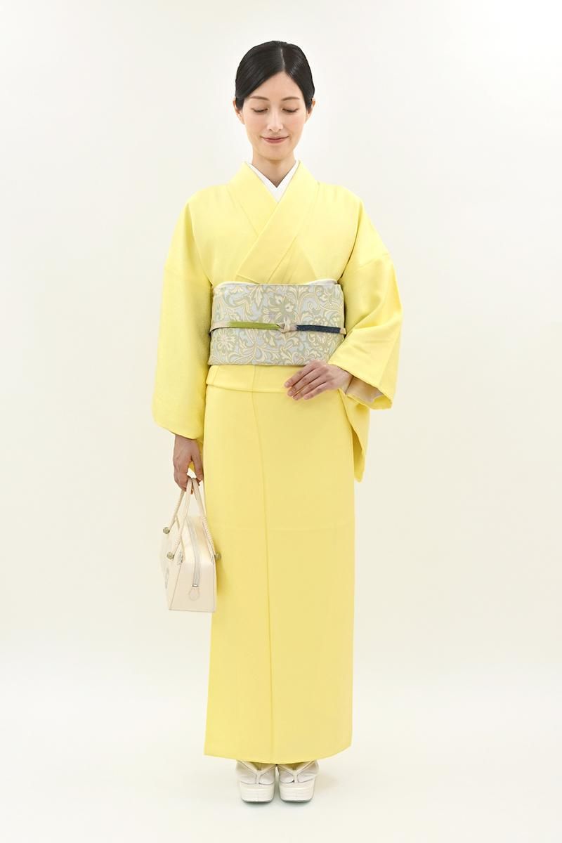 銀座【C-3256-1】色無地 女郎花色 牡丹唐草の地紋(反端付)（N）:身丈