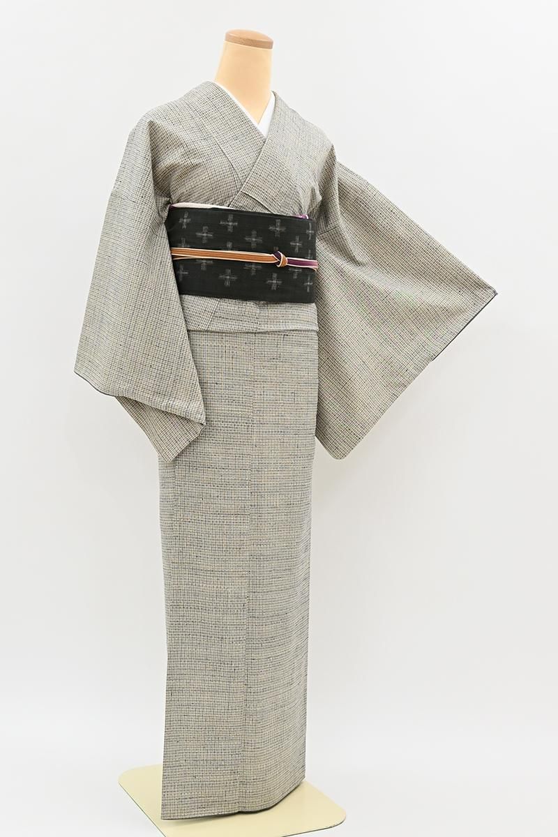 銀座【A-4176】小田島克明作 小千谷紬 砂色 小田島格子文(反端付