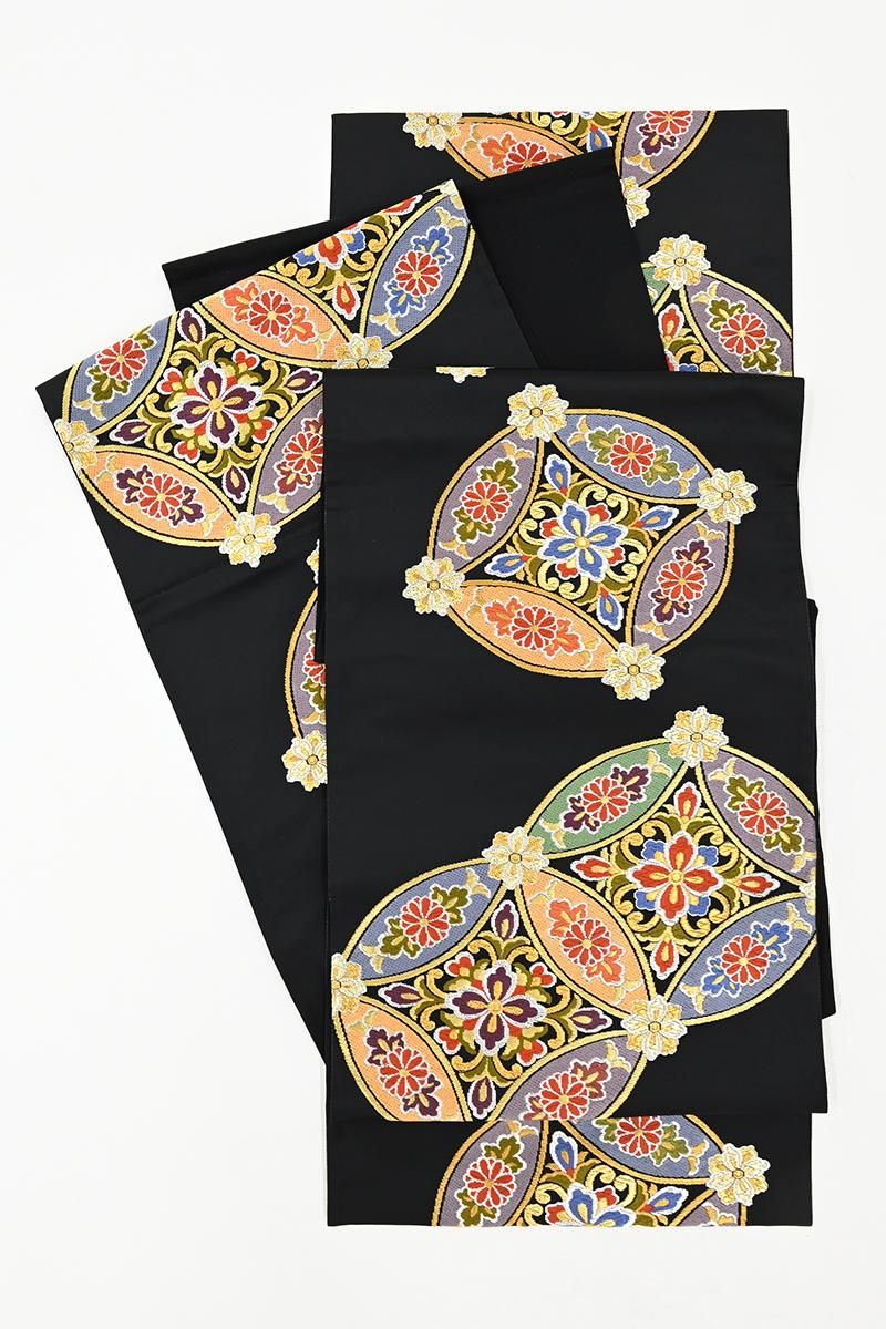 銀座【L-8445】西陣 本家加納製 袋帯 黒色 七宝花菱文（落款入