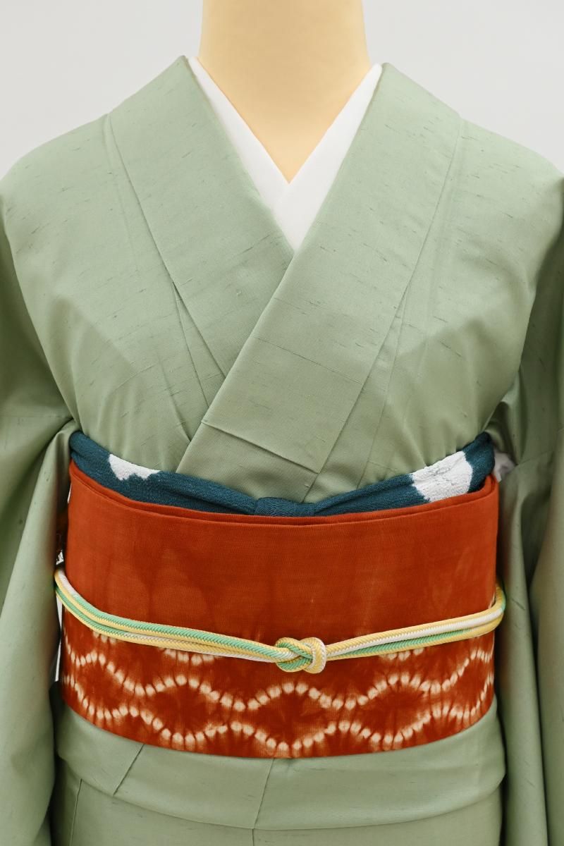 銀座【H-0768】草紫堂製 南部絞茜染 木綿地 名古屋帯 朱色 立涌文