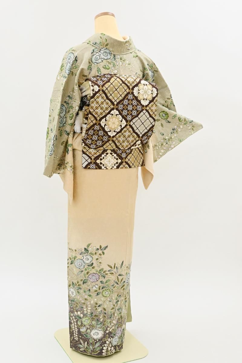 銀座【B-4275】絞り染め 訪問着 クリーム色 裾暈かしに辻が花文（落款