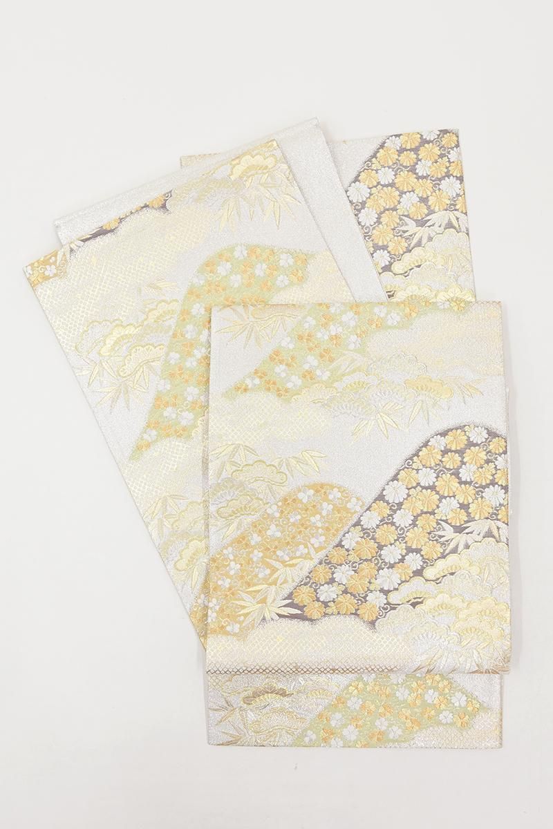 銀座【L-8482】袋帯 銀色 遠山に松竹梅や菊など（落款入） - 銀座