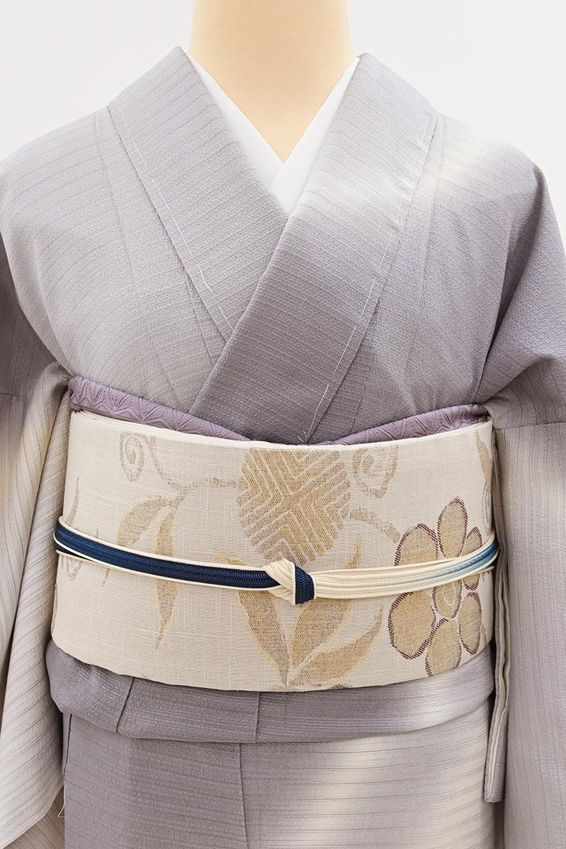 銀座【L-8484】西陣製 紬地 袋帯 白茶色 笹蔓文（証紙付・紙札付