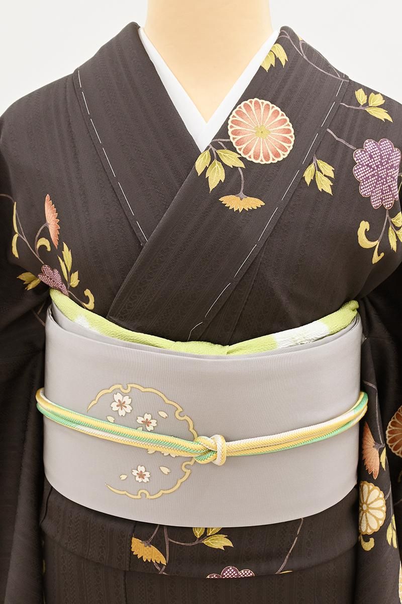 銀座【H-0789】塩瀬地 染名古屋帯 灰色 雪輪に桜の図 - 銀座きもの青木