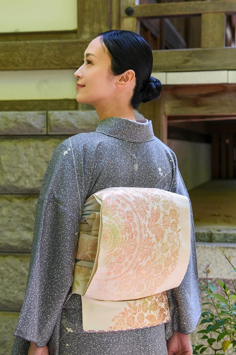 銀座【帯5790】龍村平蔵製 本袋帯 白色 銘「宝鏡唐華文」 - 銀座きもの