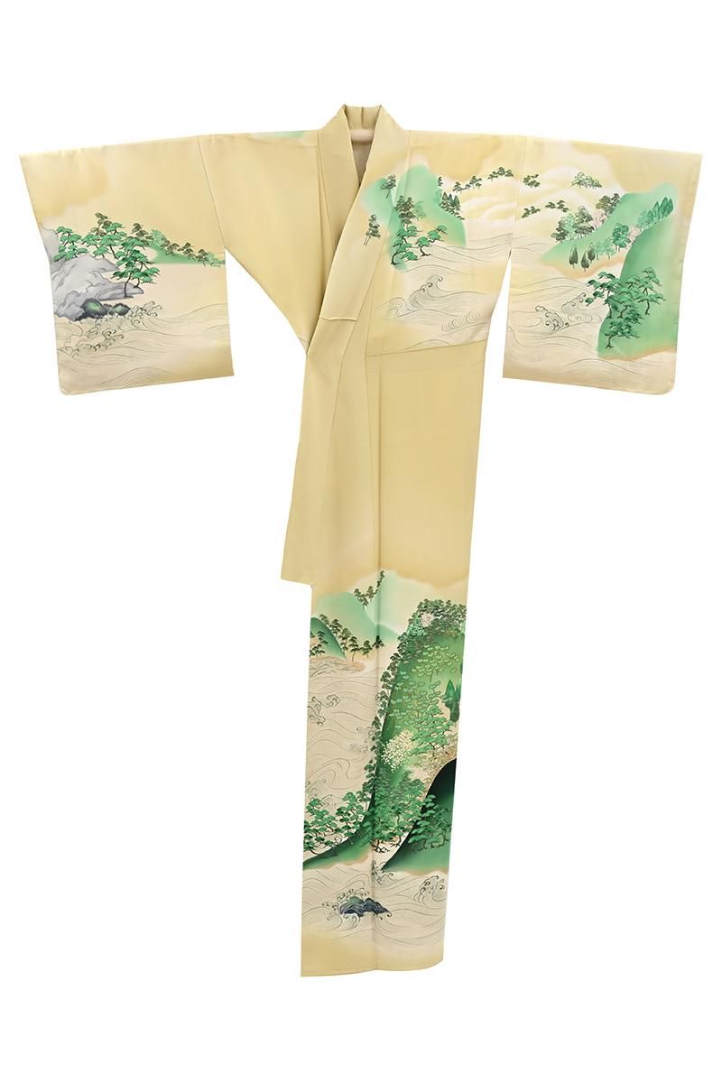 銀座【着物4637】千總製 訪問着 黄水仙色 山水図屏風絵写し（落款入