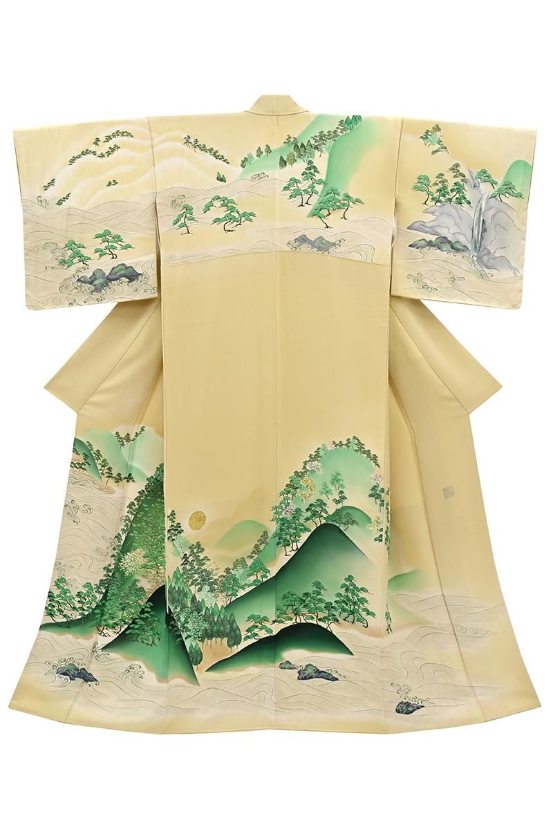 銀座【着物4637】千總製 訪問着 黄水仙色 山水図屏風絵写し（落款入