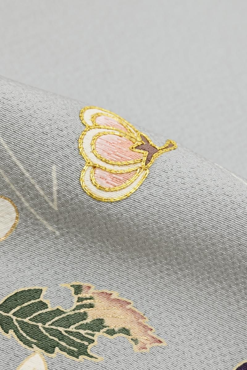 銀座【B-4288】縮緬地 付下げ 淡い深川鼠色 吹寄せ文:身丈151/裄64