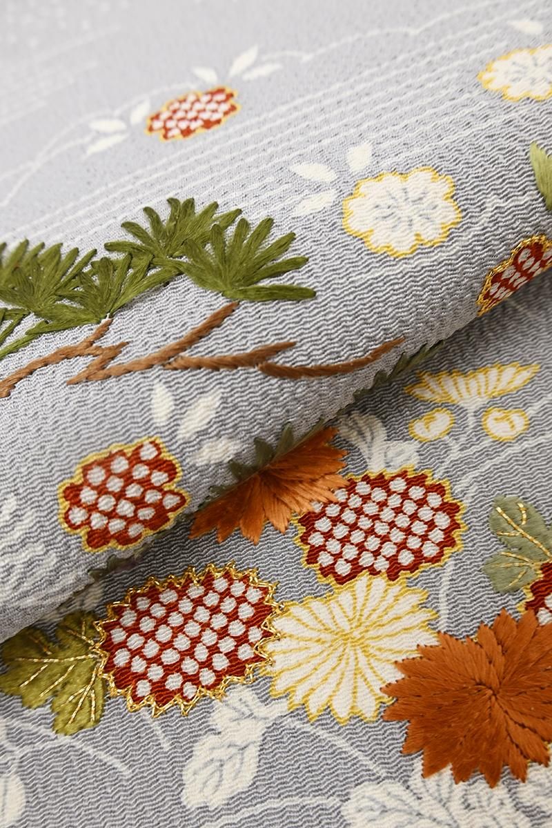 銀座【H-0814】縮緬地 染名古屋帯 銀鼠色 御所解文（長尺） - 銀座