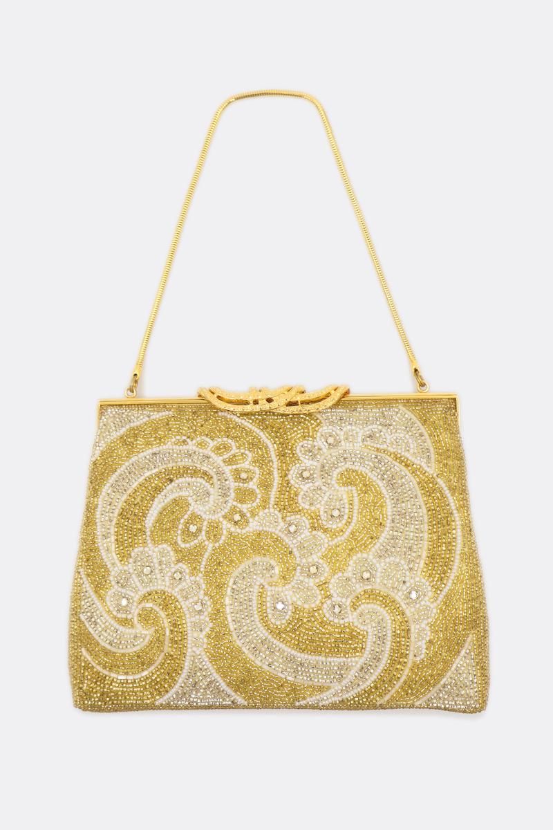 銀座【G-3388】ルミーはしもと製 ビーズ刺繍 バッグ 抽象文 金色