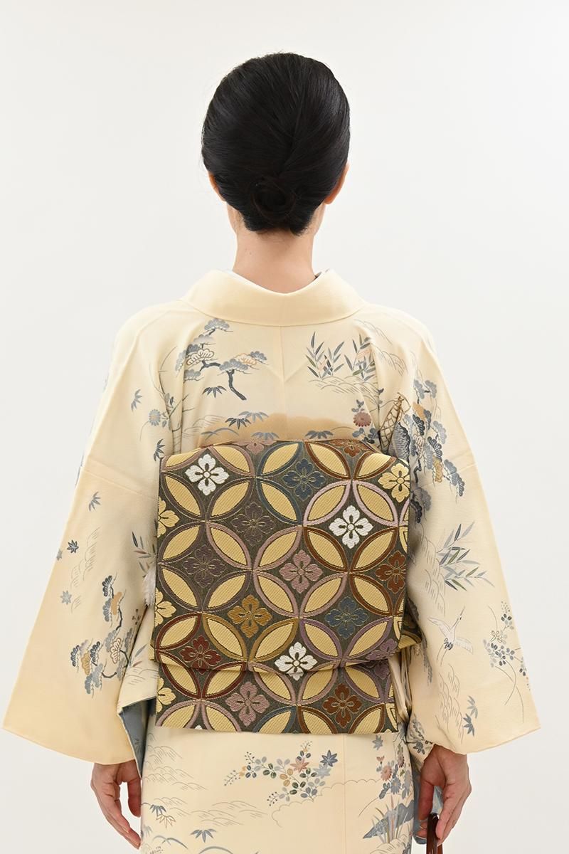 銀座【L-8492】袋帯 鶯茶色 七宝花文 - 銀座きもの青木｜長く大切に着