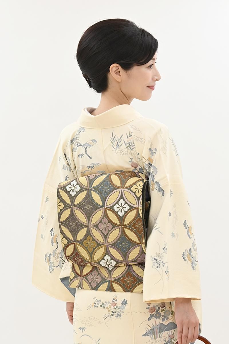 銀座【L-8492】袋帯 鶯茶色 七宝花文 - 銀座きもの青木｜長く大切に着