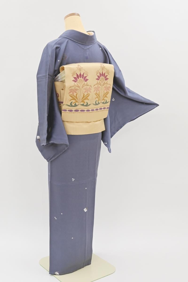 銀座【D-3949】繍一ッ紋 小紋 錆桔梗色 吉祥文（反端付） :身丈162/裄