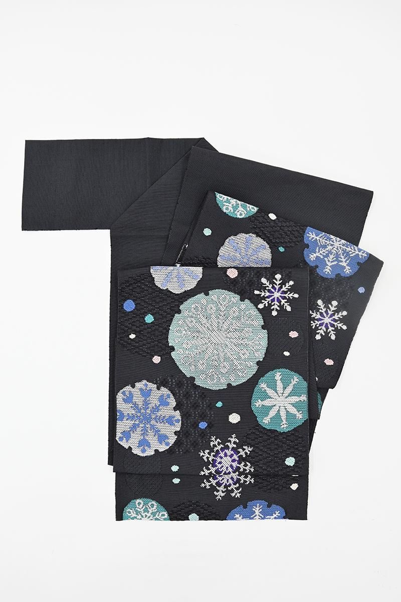 銀座【H-0828】西陣 帯屋捨松製 八寸織名古屋帯 消炭色 雪輪や雪花文