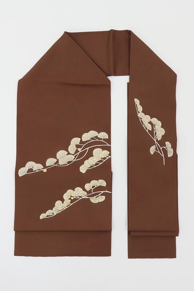 銀座【H-0850】塩瀬地 染名古屋帯 灰茶色 松の図 - 銀座きもの青木