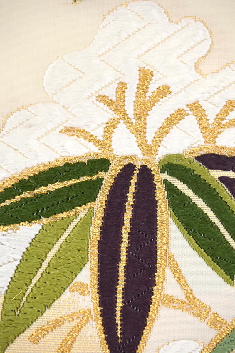 銀座【帯5807】西陣 織文意匠鈴木製 唐綾錦 袋帯 白色「雪中若竹文様