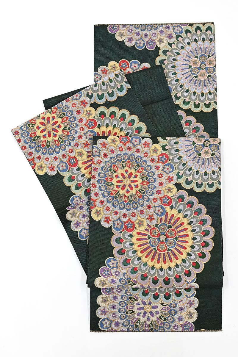 銀座【L-8556】西陣 帯屋捨松製 袋帯 鉄色 華文（落款入） - 銀座