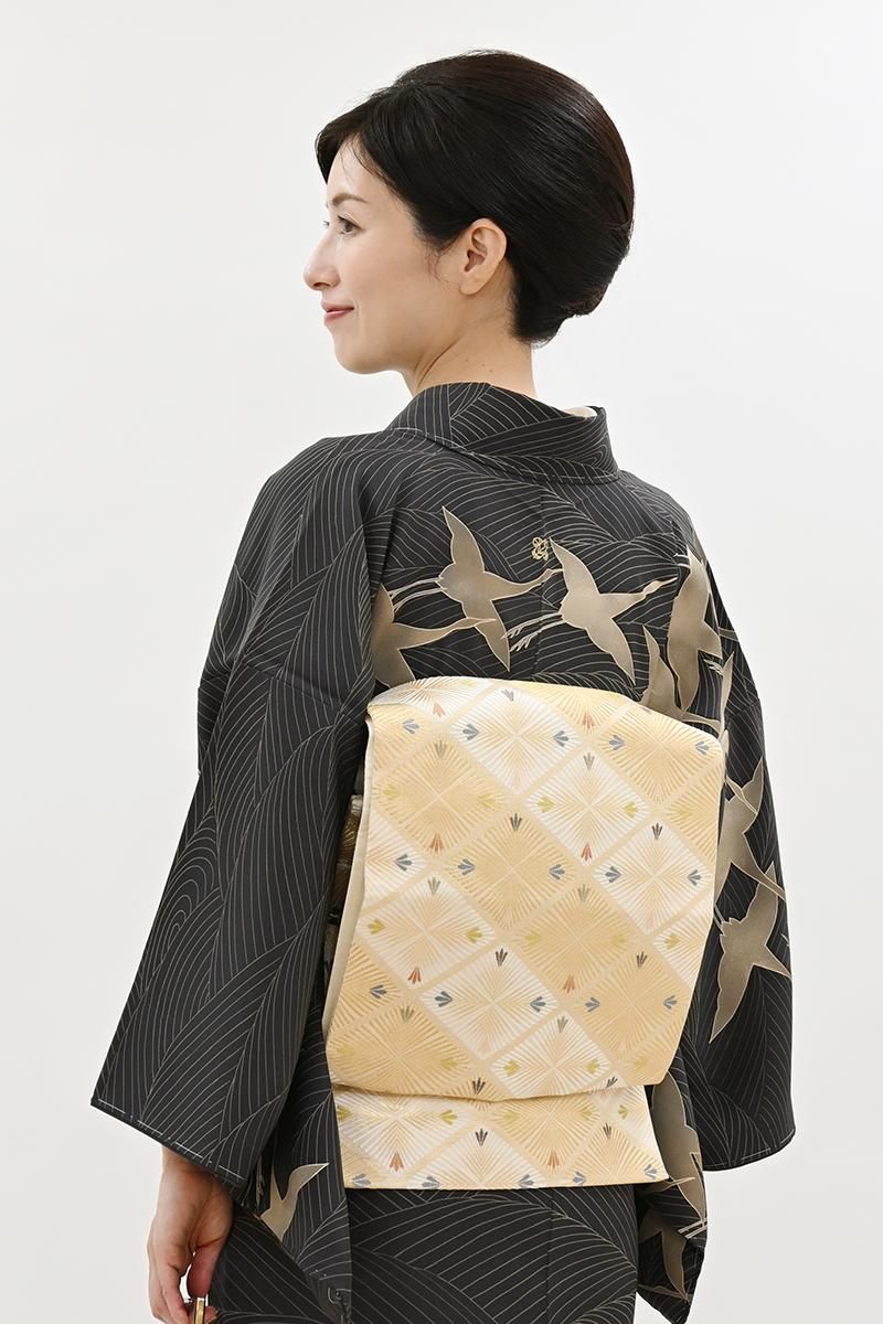 銀座【L-8552】織匠十一代目篠屋宗兵衛 袋帯 象牙色 松菱文（落款入