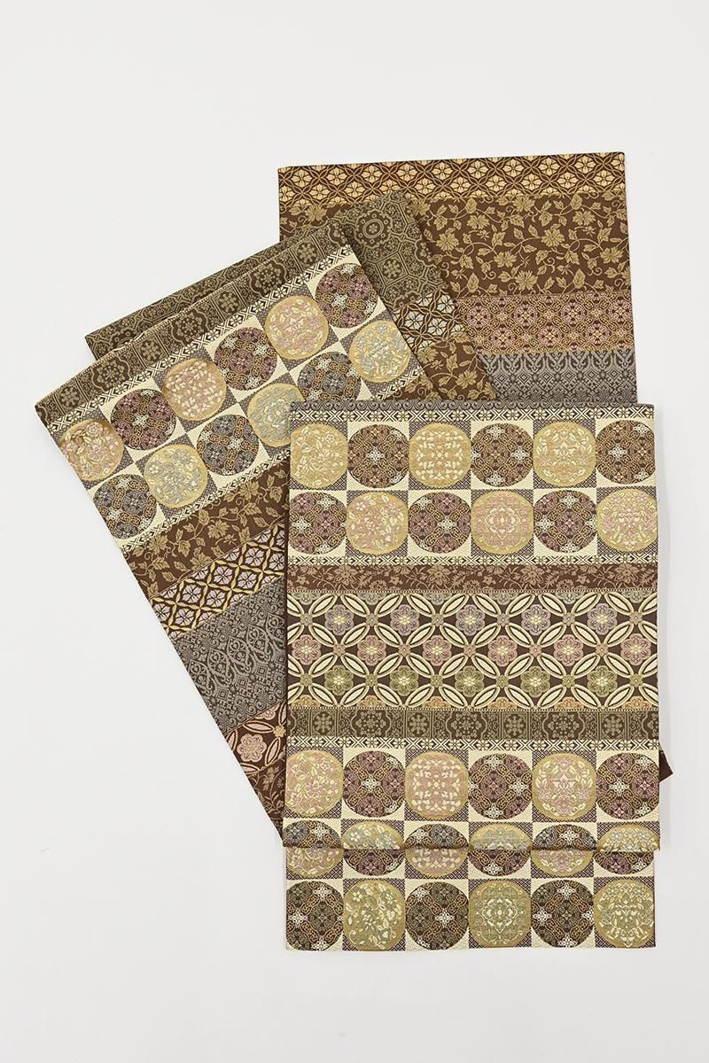 銀座【L-8597】西陣 陰山織物製 箔屋清兵衛 袋帯 鳶色 横段に名物裂文