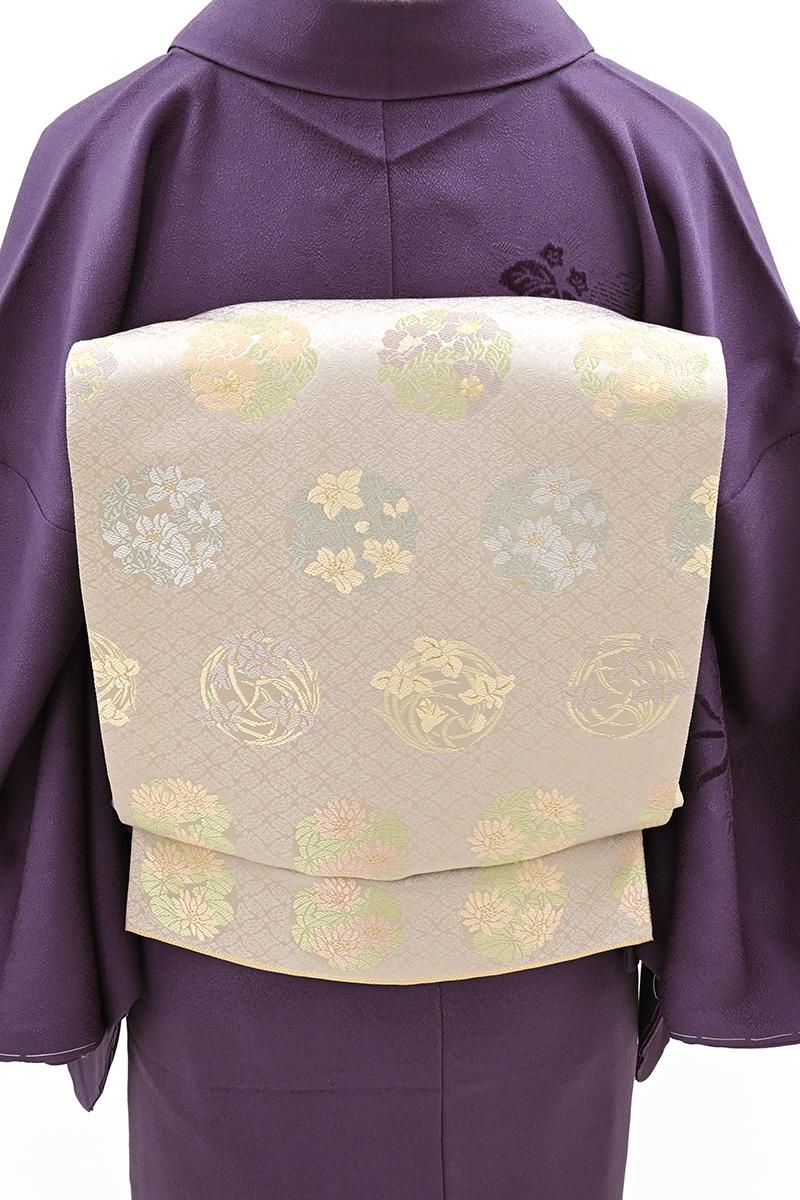 銀座【L-8585】西陣 陰山織物製 箔屋清兵衛 袋帯 淡い嵯峨鼠色 四季花