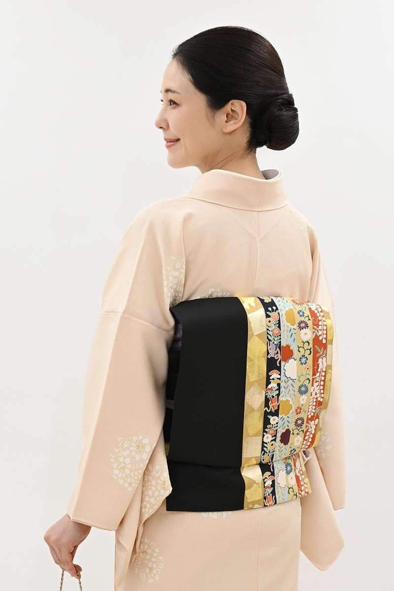 銀座【H-0861】塩瀬地 染名古屋帯 黒色 縞に花唐草や雪輪など - 銀座