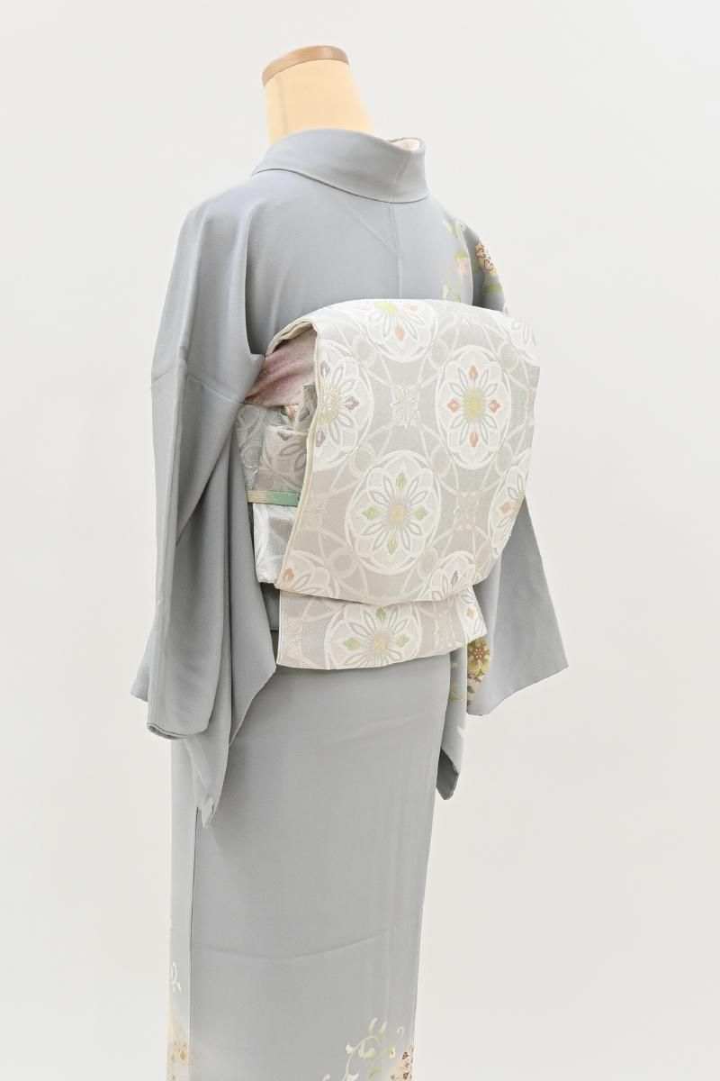 銀座【L-8634】西陣製 袋帯 銀色 七宝華文（証紙付） - 銀座きもの青木