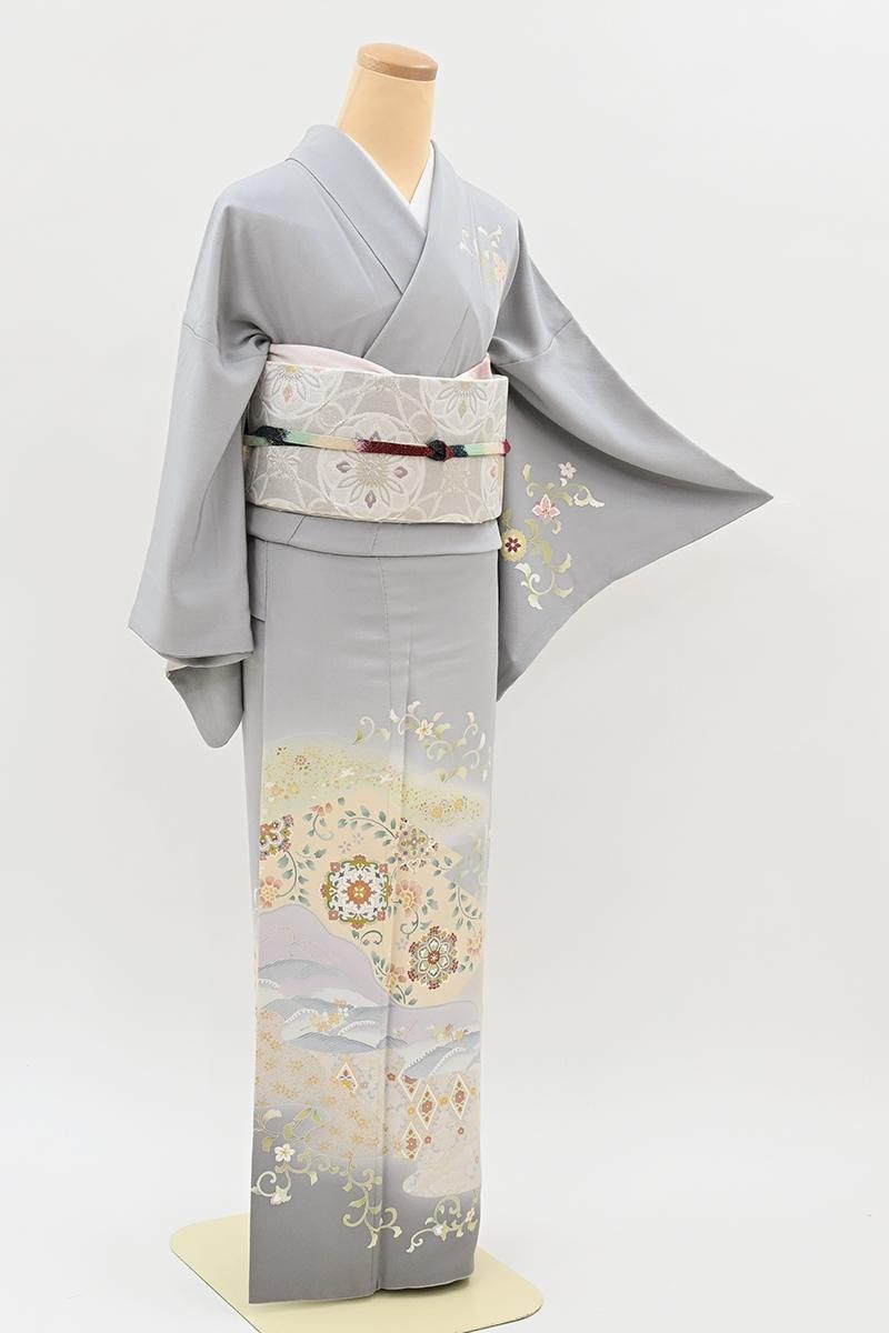 銀座【B-4383】京友禅作家 坂井修作 訪問着 灰青色 華文や花唐草など